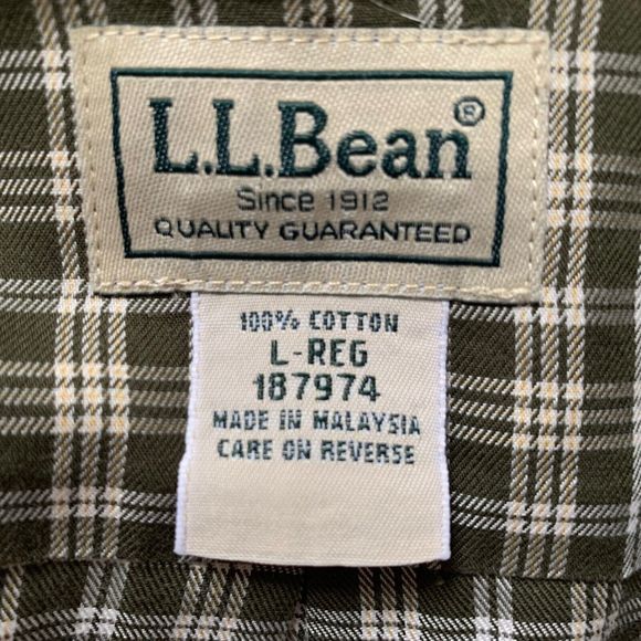 LL Bean Button Down Shirt Men L Green Ivory Check Plaid Long Sleeve No Wrinkle - Picture 13 of 13